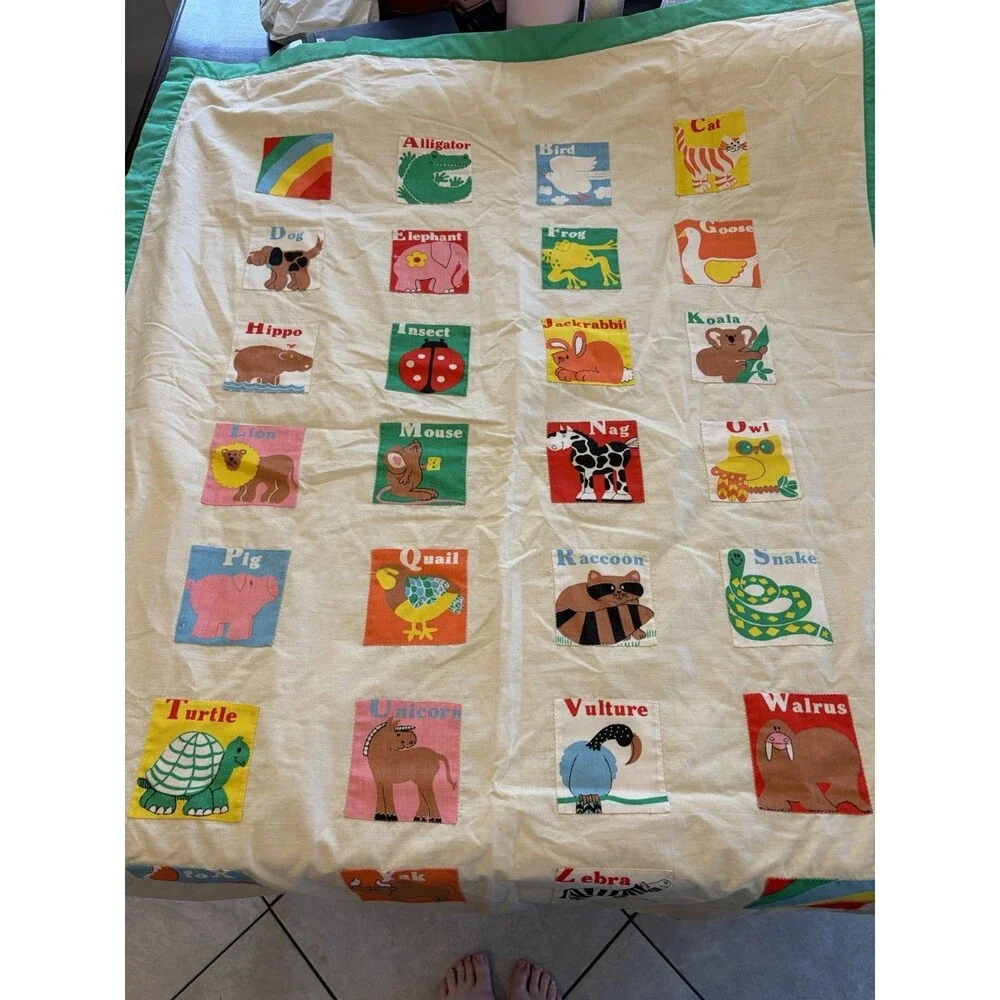 Vintage ABC Animal Patchwork Green Border Baby Quilt 45x33in